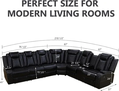 Vista 2 de Sofá modular reclinable eléctrico para sala de estar, moderno juego de sofá modular de cuero en forma de L, juego de sofá reclinable, con luces LED