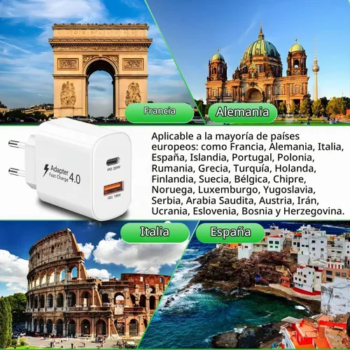 Vista 4 de Paquete de 2 cargadores europeos, PD20W QC18W adaptador de enchufe de viaje