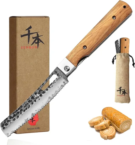 Vista 7 de SENBON Cuchillo de chef plegable de bolsillo súper afilado 440A forjado, cuchillo práctico, cuchillo de fruta, mango de oliva natural, para acampar