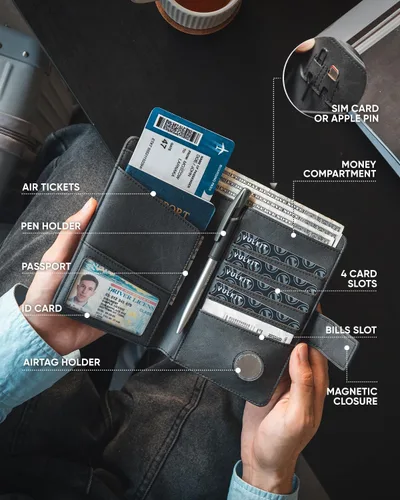 Vista 6 de VULKIT Cartera de pasaporte compatible con Airtag Holder Bifold Travel Card Holder, Negro