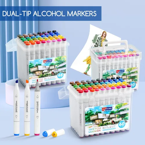 Vista 6 de Juego de marcadores de alcohol, juego de marcadores de bocetos de doble punta fina y cincel con estuche de transporte para dibujar, bocetos, anime