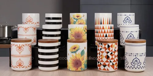 Vista 7 de Juego de 3 recipientes de cerámica Sunddo para encimera de cocina con tapa de bambú para café, azúcar y té