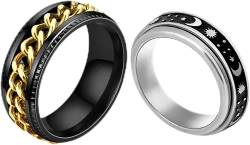 Vista 9 de Juego de anillos de acero inoxidable para mujeres y hombres, anillos de ansiedad, luna y estrella, anillo para aliviar la ansiedad y el estrés