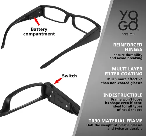 Vista 4 de Yogo Vision Reading Glasses with Light Bright LED Lighted Magnifier Nightime Reader Women Men Lighted Eye Glasses 2pk