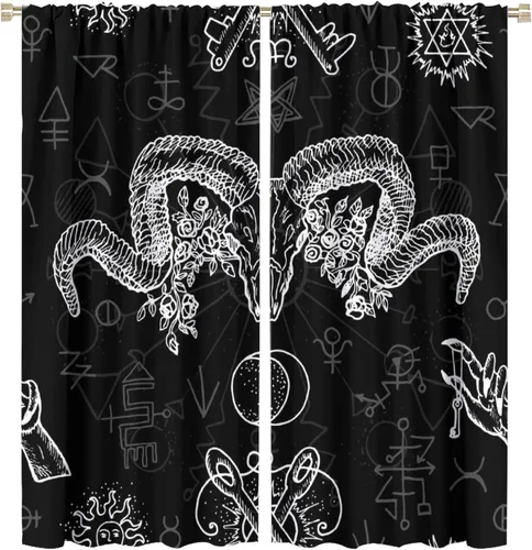 Vista 36 de BAEKJIN Cortinas de cabeza de cabra, diseño de calavera malvada, bruja, símbolo misterioso, bolsillo para barra, cortinas opacas para ventana, juego