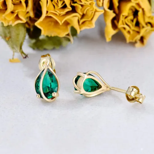Vista 3 de MUUYON Aretes de esmeralda de oro sólido de 14 quilates con parte trasera forma de pera de oro real aretes de esmeralda creados de 0197 x 0276in