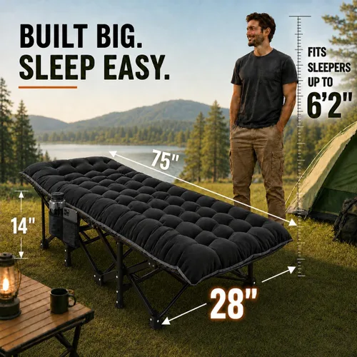 Vista 6 de ABORON Catres de camping para adultos, 28 pulgadas extra anchas para dormir Todo negro