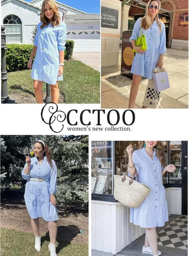 Vista 5 de CCTOO - Vestido de verano para mujer - Vestido camisero informal con cuello en V, manga 34y botones, estampado floral, suelto y fluido