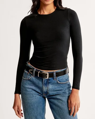 Vista 3 de Beumissy Camisas básicas de manga larga con cuello cuadrado para mujer, ajustadas, con doble forro