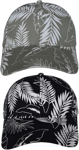 Vista 2 de Paquete de 2 sombreros de béisbol con estampado floral a la moda, ajustables, flores, hojas, hawaiano, playa, informal, al aire libre, para hombres