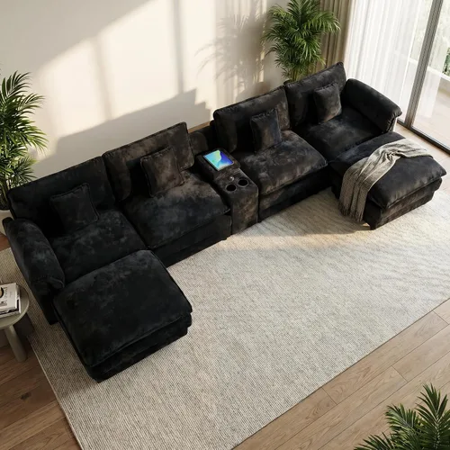 Vista 3 de Sofá seccional en forma de U, 151 pulgadas, sofás seccionales negros grandes y cómodos para sala de estar, sofás modulares modulares esponjosos