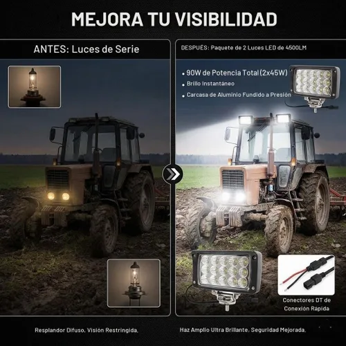 Vista 2 de Barra de luces LED, 2 paquetes de 45 W, 4 x 6 pulgadas, luz antiniebla rectangular, 4500 lúmenes, súper brillante, 12/24 voltios, luces de trabajo