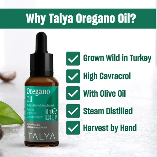 Vista 4 de TALYA Aceite de orégano 0.34 onzas líquidas Aceite de orégano líquido Apoyo inmunológico, alto contenido de carvacrol, salud digestiva Sin OMG