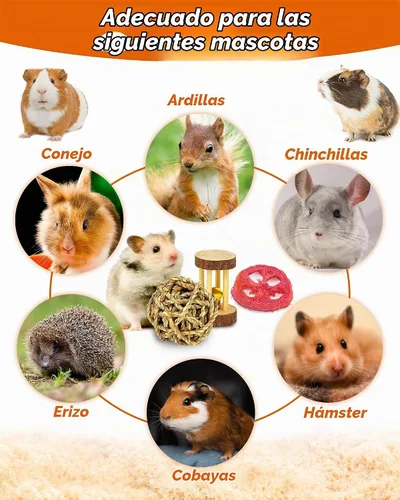 Vista 3 de Juguetes de hámster y conejillo de indias – 18 piezas de juguetes de madera para masticar animales pequeños para dientes – Conejo, chinchilla