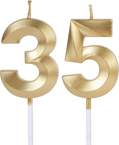 Vista 10 de Velas rojas de cumpleaños 35 y 53 para pasteles, número 35 53 con purpurina para decoración de tartas de fiesta, aniversario, boda, celebración