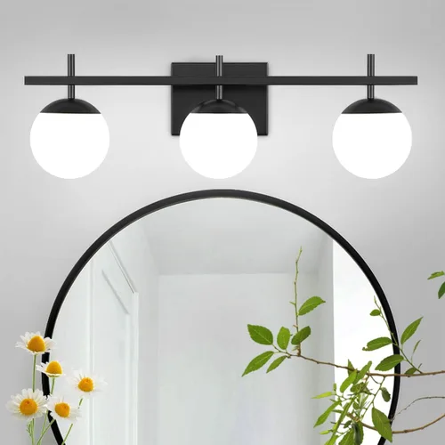 Vista 10 de Accesorios de iluminación de baño sobre espejo, luces de tocador negras para baño con vidrio esmerilado blanco, accesorios de iluminación de tocador