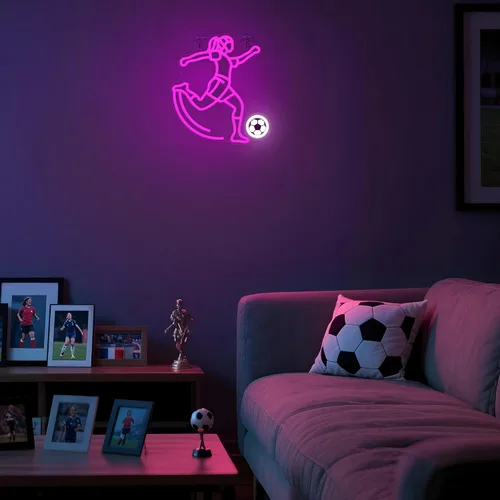 Vista 2 de Letrero de neón de fútbol de OkiyiD para niñas - Decoración de pared deportiva regulable con alimentación USB, regalos únicos para mujeres y niñas