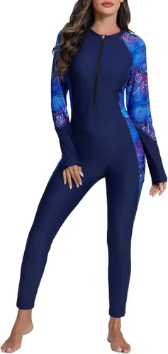 Vista 10 de Halcurt - Traje de baño de una pieza con cremallera frontal para mujer, manga larga, con protección contra erupciones (factor de protección solar 50)