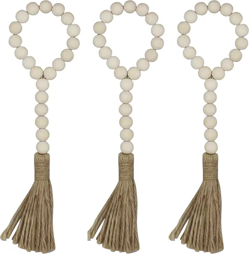 Vista 14 de CVHOMEDECO. Guirnalda de cuentas de madera con borlas, 3 piezas de cuentas rústicas de madera rústica para oración para colgar en la pared para Negro