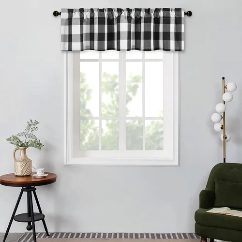 Vista 26 de VOGOL Cenefa de cuadros marrón con textura de lino para dormitorio, sala de estar, diseño de bolsillo para barra, fácil de colgar, 52 x 12 pulgadas