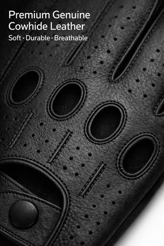 Vista 2 de Riparo - Guantes de conducción de cuero perforado para hombre, piel de vaca auténtica negra, estilo deportivo de motor con pantalla táctil, guantes
