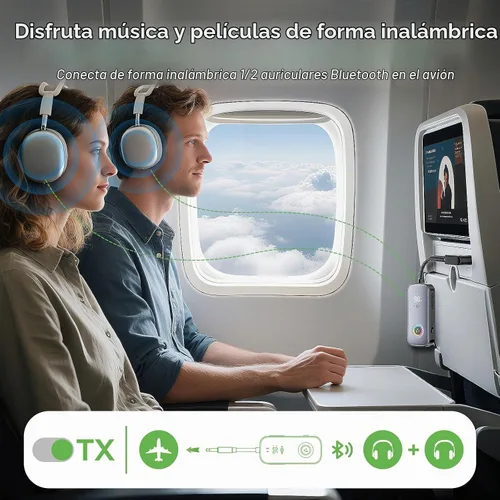 Vista 3 de Transmisor receptor Bluetooth A6 Pro, adaptador de audio inalámbrico 2 en 1 para avión/TV/PC/gimnasio, auriculares de doble enlace, receptor