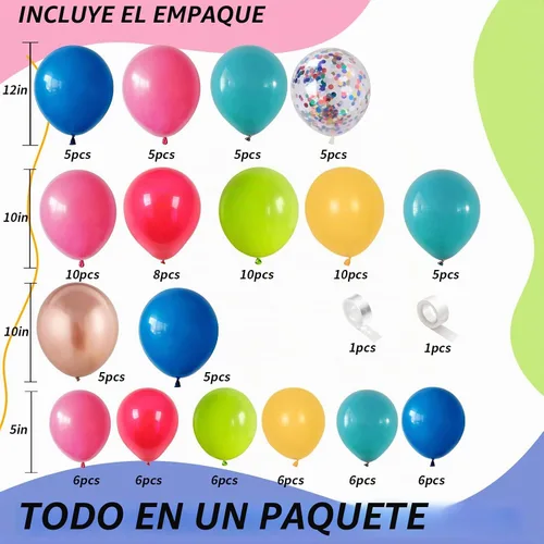 Vista 2 de Kit de arco de guirnalda de globos coloridos, globos surtidos de arcoíris, globos de látex de confeti multicolor, rosa intenso, pavo real, azul