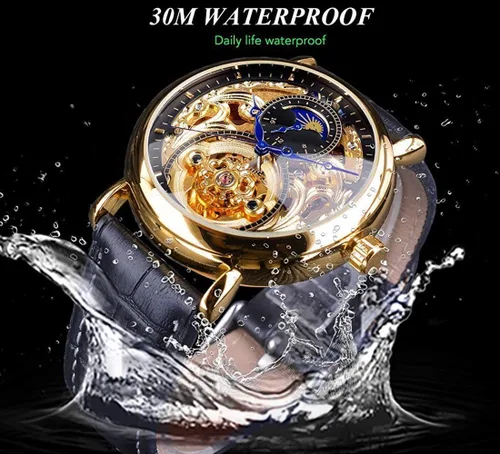 Vista 6 de Relojes automáticos para hombre, reloj de esqueleto Tourbillon dorado, fase lunar, impermeable, de acero inoxidable