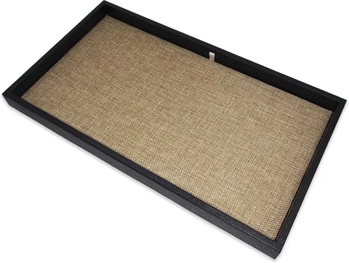 Vista 5 de CuteBox Bandeja de plástico negro con inserto de arpillera en U dorado para venta al por menor, mercancía, joyería, exhibición, organización