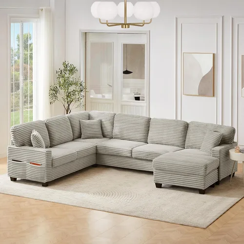 Vista 16 de JIVOIT Sofá cama moderno en forma de L con dos almohadas de respaldo, sofá cama modular de 124.8 pulgadas con cama extraíble, sofá modular Beige 052