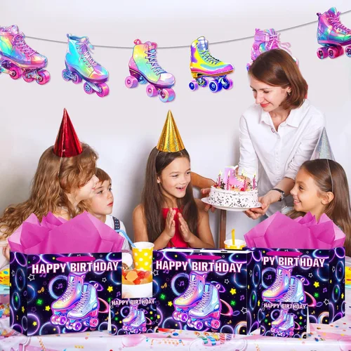 Vista 6 de Patinaje sobre ruedas para decoración de cumpleaños, bolsa de regalo de cumpleaños con papel de regalo y tarjeta, bolsa de papel grande y colorida