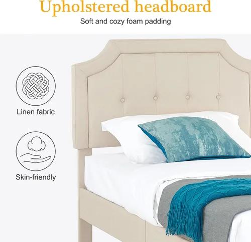 Vista 6 de VECELO - Base de cama tapizada con plataforma individual con cabecera ajustable de panel cosido con botones, fuerte soporte de listones de madera
