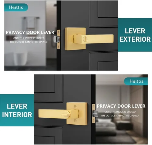 Vista 3 de Paquete de 1 perilla de puerta dorada de privacidad, perilla cuadrada de latón para baño, manija de puerta dorada interior bloqueada