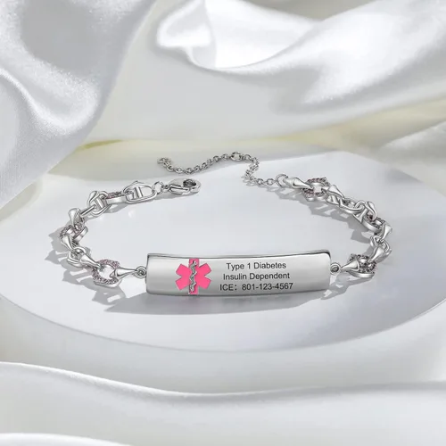 Vista 3 de Pulseras de identificación médica personalizadas de acero inoxidable para mujeres