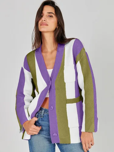 Vista 3 de ANRABESS Cárdigan de punto trenzado para mujer, manga larga, frente abierto, bloque de color, estilo bohemio, a rayas, abrigos para exteriores
