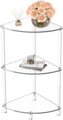 Vista 8 de Eglaf - Mesa auxiliar de esquina acrílica de 2 niveles, mesa auxiliar transparente Triangle Side Table, Fan-Shaped Corner Table for Living Room