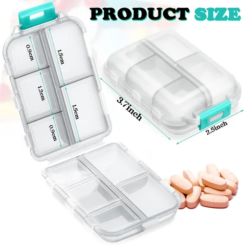 Vista 2 de Meekoo Organizador de pastillas de viaje, 8 unidades, portátil, con bolsillo, contenedor diario, contenedor pequeño, medicina, viajes, con 10 Blanco