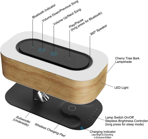 Vista 8 de Ampulla Lámpara de noche con altavoz Bluetooth y cargador inalámbrico, modo de sueño, regulable sin pasos, 20.00watts
