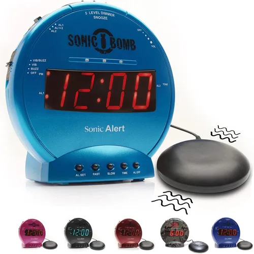 Vista 13 de Sonic Bomb - Reloj despertador doble extra fuerte con vibrador de cama, negro Sonic Alert vibrante, para personas de sueño pesado, batería