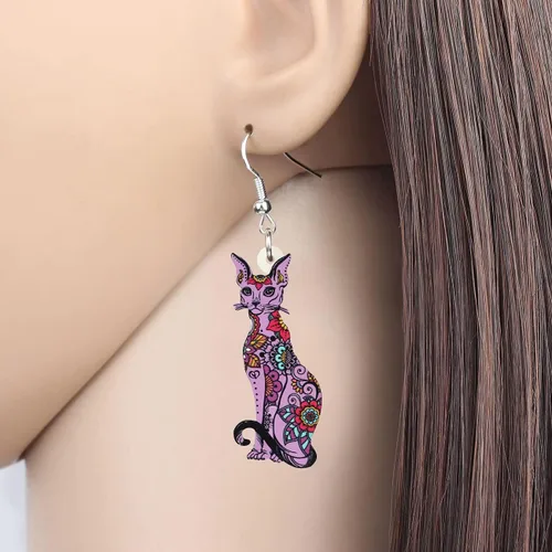 Vista 2 de WEVENI - Pendientes de acrílico para gato sin pelo, diseño de esfinge, para mujer y niña, regalo