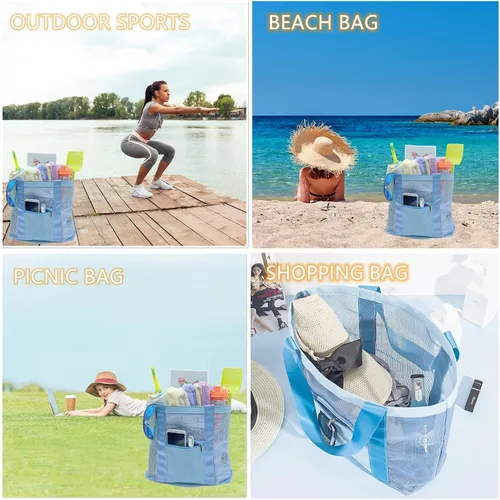 Vista 5 de Bolsa de playa de malla, bolsa de playa, ligera, impermeable, a prueba de arena, bolsas de viaje duraderas para juguetes de playa