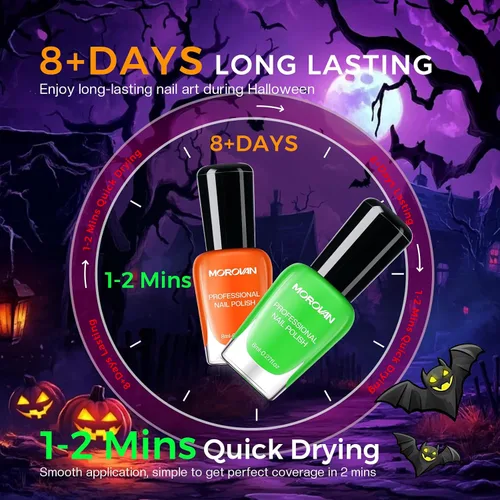 Vista 4 de Morovan - Juego de esmaltes de uñas de Halloween: negro, calabaza, naranja, brillante en la oscuridad, kit de esmalte de uñas verde neón con Paleta