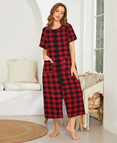 Vista 2 de Ekouaer Bata de mujer con cremallera frontal, manga corta, longitud completa, con bolsillos, tallas S-4XL