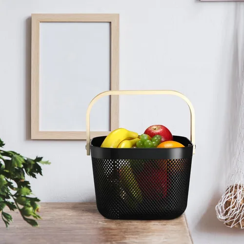 Vista 5 de Sadnyy 4 cestas de almacenamiento de malla de plástico para cosecha de jardín con mango de madera, contenedor de malla multifuncional para gabinete