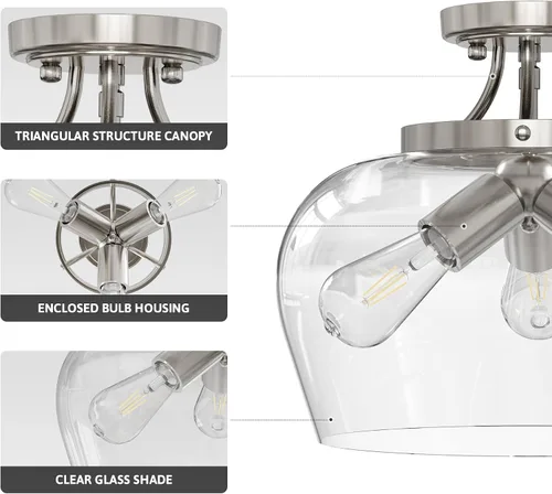 Vista 3 de VONLUCE Lámpara de techo semiempotrada, lámpara de techo de 13.8 pulgadas con pantalla de vidrio transparente, base E26, accesorio de iluminación