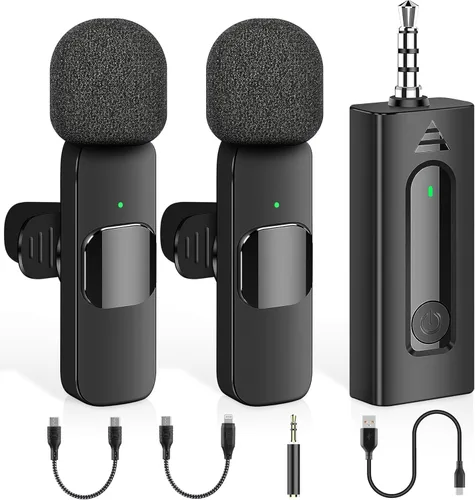 Vista 13 de Paquete de 2 micrófonos inalámbricos mini Lavalier de solapa para iPhone, teléfono Android (2 en 1) - micrófonos duales inalámbricos con clip de 65