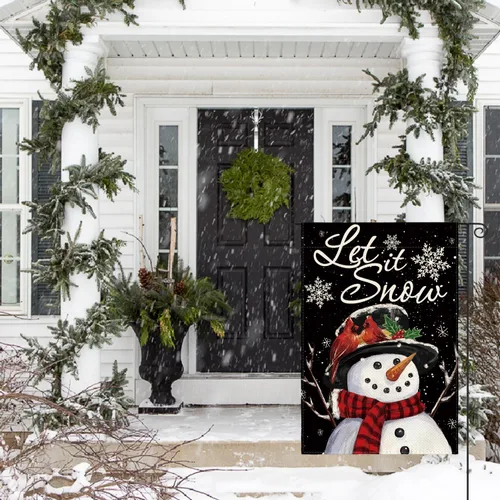 Vista 3 de AVOIN colorlife Deje que nieve muñeco de nieve copo de nieve bandera de Navidad de jardín 12x18 pulgadas de doble cara, bandera decorativa de granja