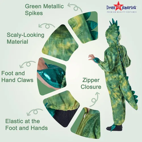 Vista 3 de Dress Up America Disfraz de T-Rex para niños, overol de dinosaurio verde con capucha y cola, tallas para niños pequeños y jóvenes para Halloween