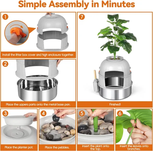 Vista 9 de Caja de arena oculta para gatos con planta artificial, muebles de acero inoxidable, maceta redonda decorativa incluye cuchara, guijarros, filtro