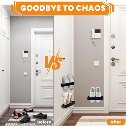 Vista 4 de Zapatero ajustable montado en la pared con tiras adhesivas para colgar, organizador de almacenamiento de plástico para zapatos, perchas para zapatos